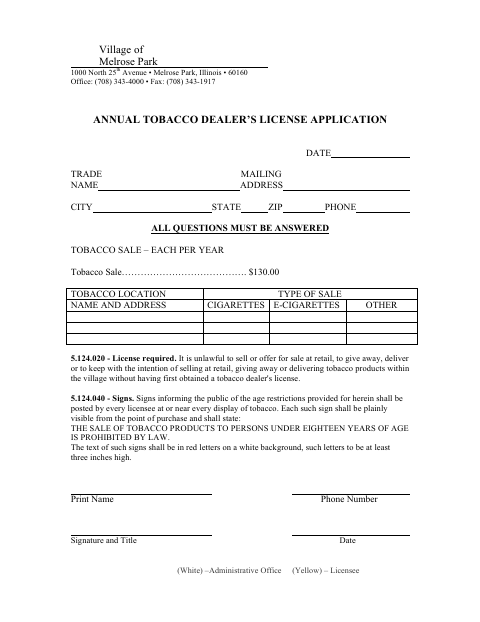 First page of the Annual Tobacco Dealer’s License Application