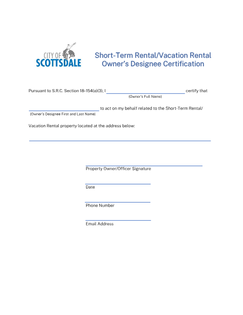 First page of the Short-Term Rental/Vacation Rental Owner’s Designee Certification