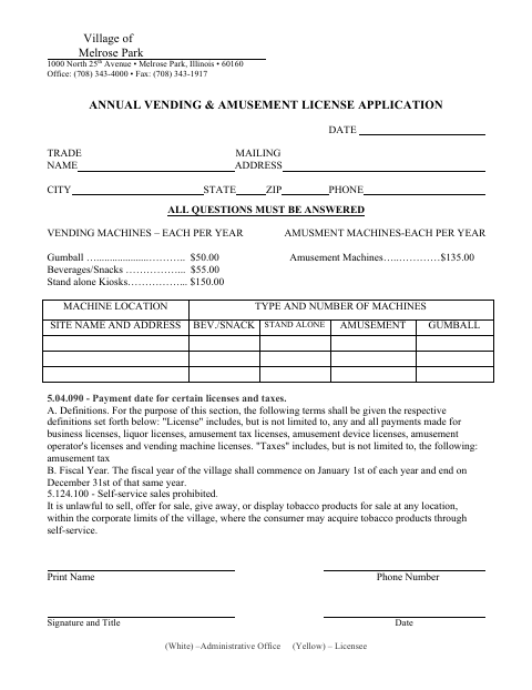 First page of the Vending and Amusement License Application