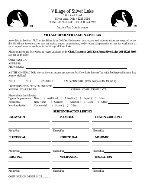 First page of the Income Tax Questionnaire