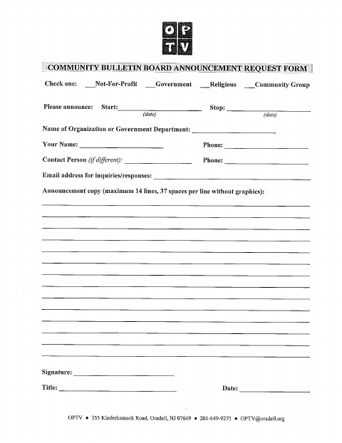 First page of the Community Bulletin Board Announcement Request Form
