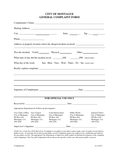 First page of the General Complaint Form