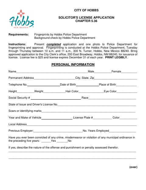 First page of the Solicitor's License Application