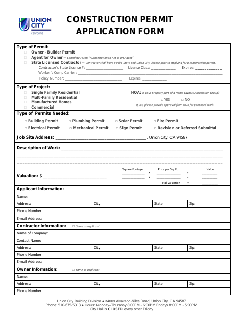 First page of the Construction Permit Application Form