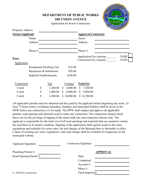First page of the Application for Sewer Connection