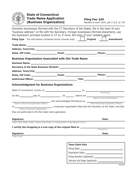 First page of the Trade Name Application for Business Organizations