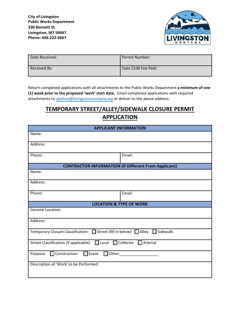 First page of the Temporary Street/Alley/Sidewalk Closure Permit Application