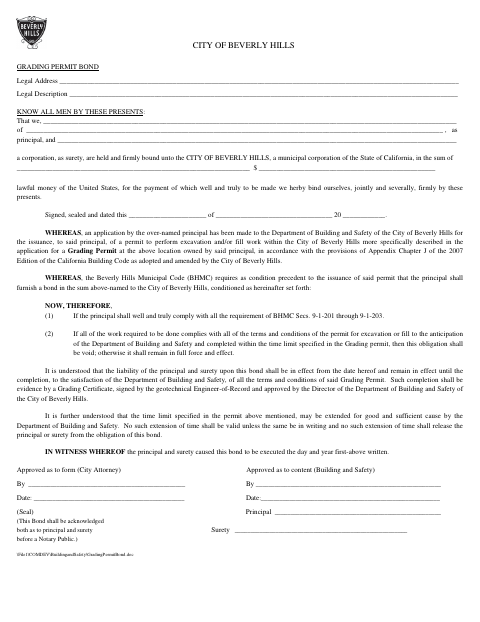 First page of the Grading Permit Bond