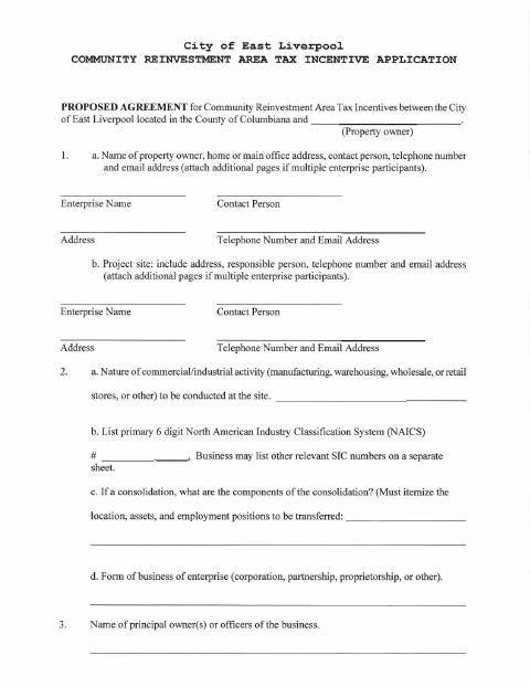 First page of the Community Reinvestment Area Tax Incentive Application
