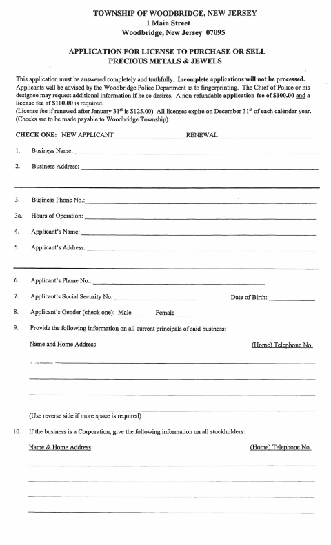First page of the Application for License to Purchase or Sell Precious Metals & Jewels