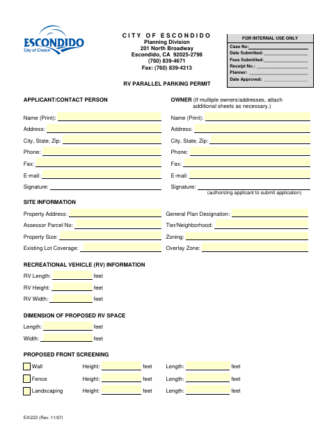 First page of the RV Parallel Parking Permit