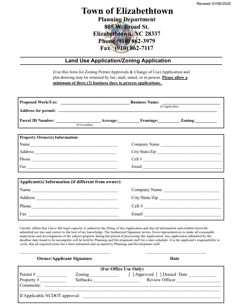First page of the Land Use Application / Zoning Application
