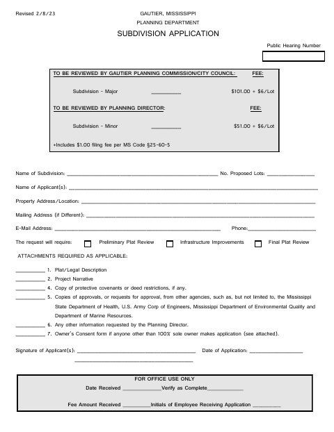 First page of the Subdivision Application and Owner Consent