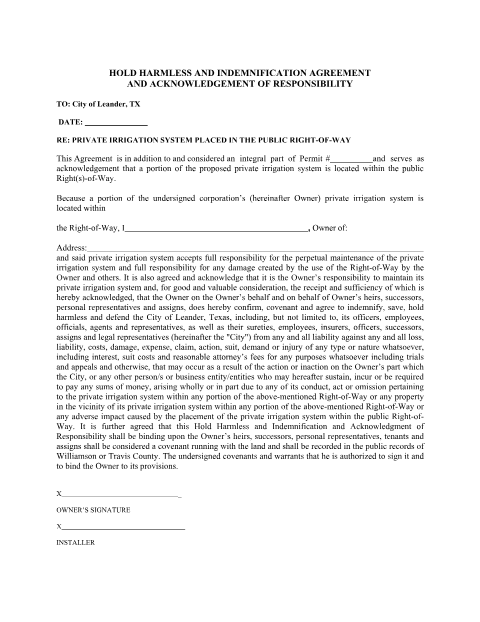 First page of the Hold Harmless Agreement