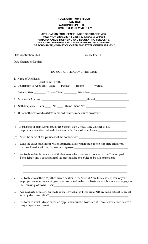 First page of the Peddlers and Vendors License Application