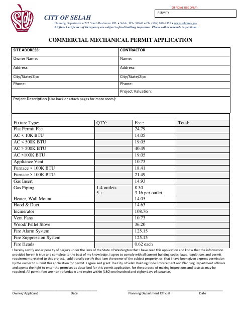 First page of the Commercial Mechanical Permit Application