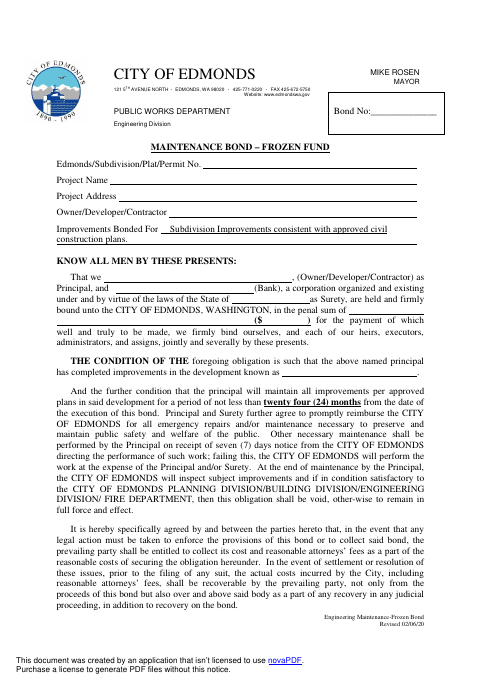 First page of the Subdivision Maintenance Bond – Financial Institution