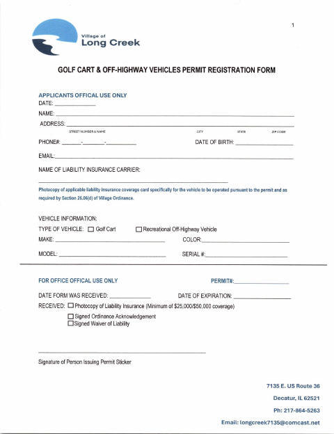 First page of the Golf Cart and Off-Highway Vehicle Permit Registration Form