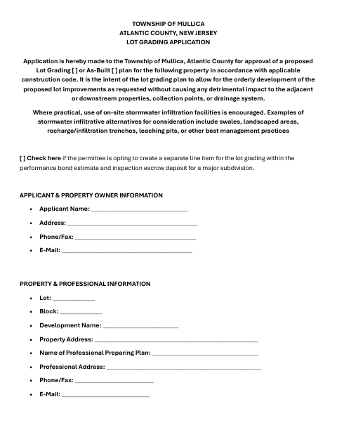 First page of the Lot Grading Application