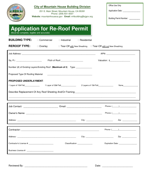 First page of the Application for Re-Roof Permit