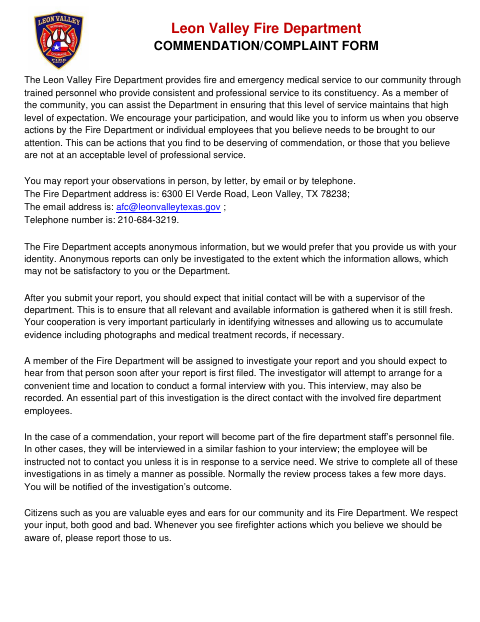 First page of the Fire Department Commendation/Complaint Form