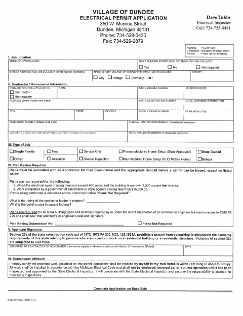 First page of the Electrical Permit Application