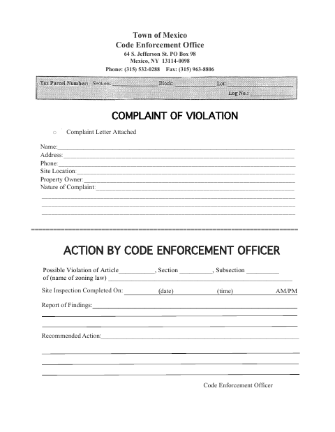 First page of the Code Enforcement Office Complaint Form