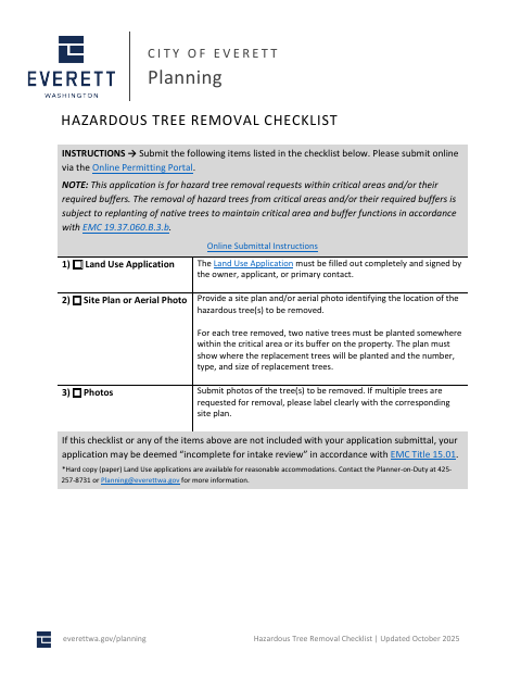 First page of the Hazardous Tree Removal Checklist