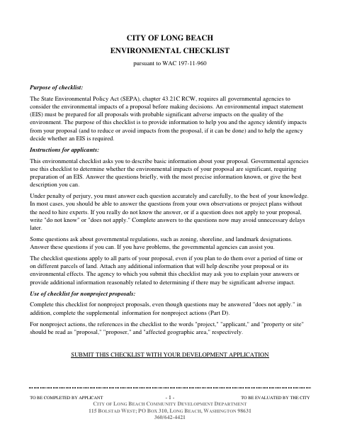 First page of the State Environmental Policy Act (SEPA) Environmental Checklist