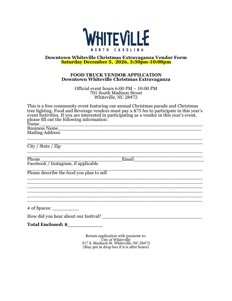 First page of the Christmas Extravaganza Food Truck Vendor Application