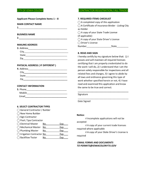 First page of the Contractor Registration / All Trades