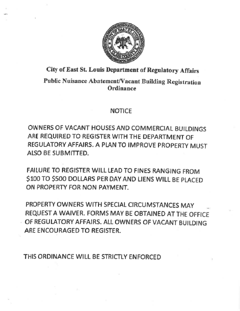First page of the Vacant Building Registration