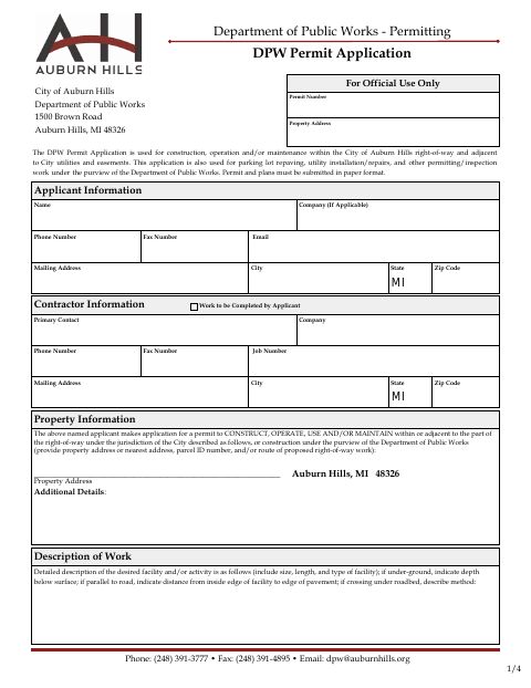 First page of the DPW Permit Application