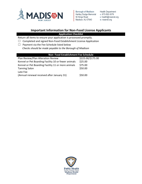 First page of the Non-Food Establishment License Application
