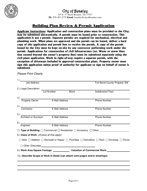 First page of the Building Plan Review & Permit Application