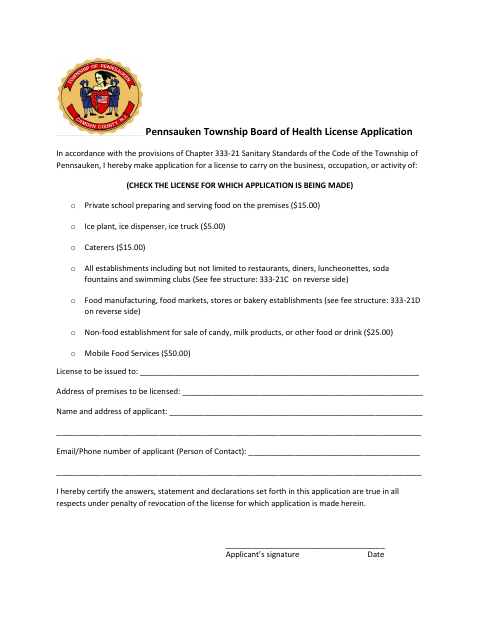 First page of the Board of Health License Application