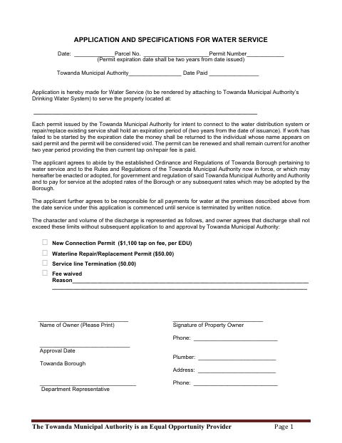 First page of the Application and Specifications for Water Service