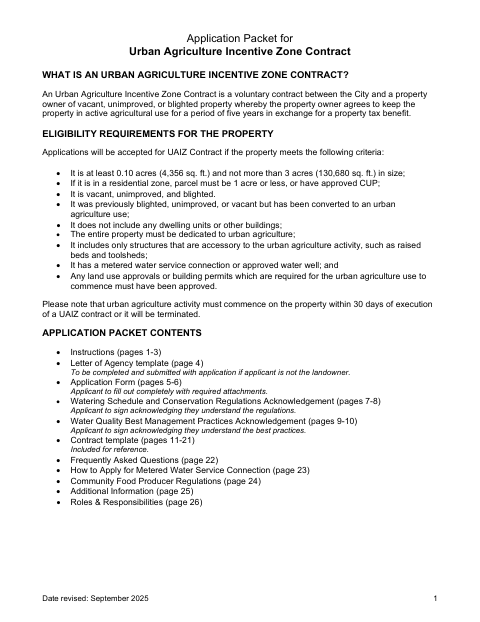 First page of the Urban Agriculture Incentive Zone Application Packet