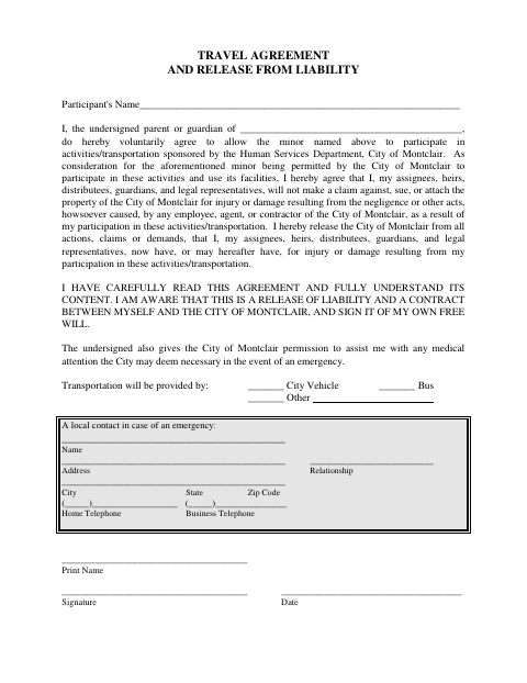 First page of the Travel Agreement and Release From Liability