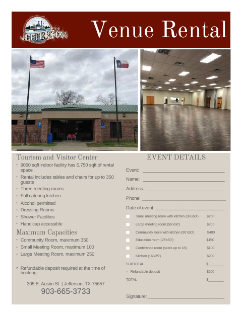 First page of the Venue Rental