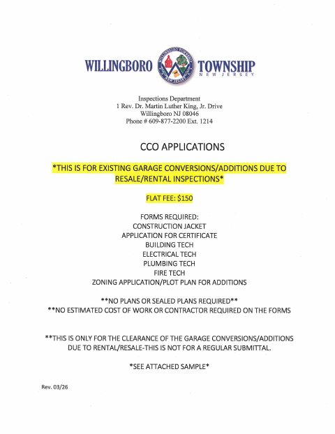 First page of the CCO Application for Garage Conversions and Additions
