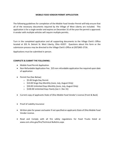 First page of the Mobile Food Vendor Permit Application