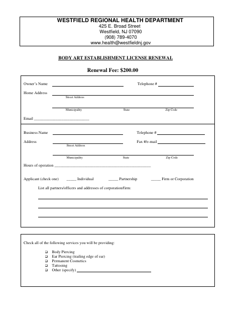 First page of the Body Art Establishment License Renewal