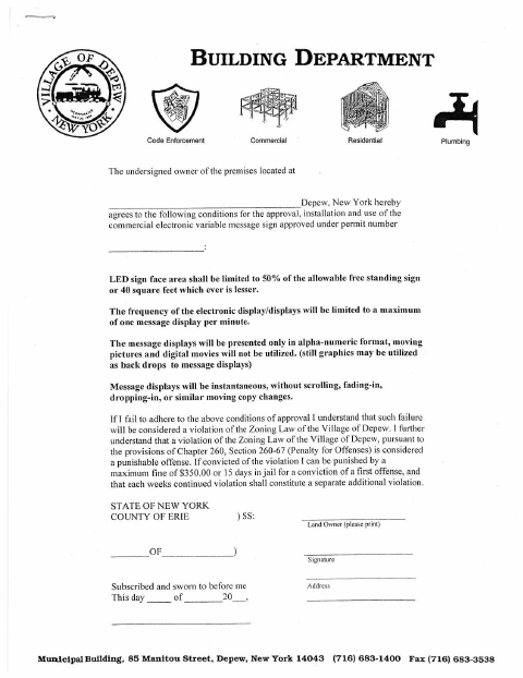 First page of the LED Sign Owner Agreement