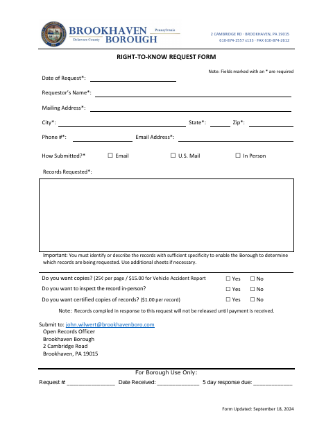 First page of the Right-To-Know Request Form