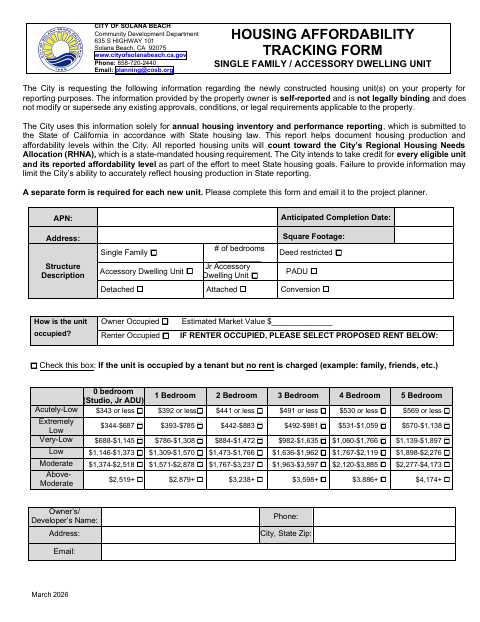 First page of the Housing Affordability Tracking Form Single Family / Accessory Dwelling Unit