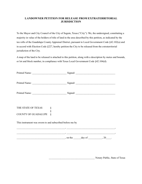 First page of the Landowner Petition for Release from Extraterritorial Jurisdiction