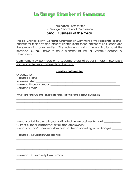 First page of the Small Business of the Year Nomination Form