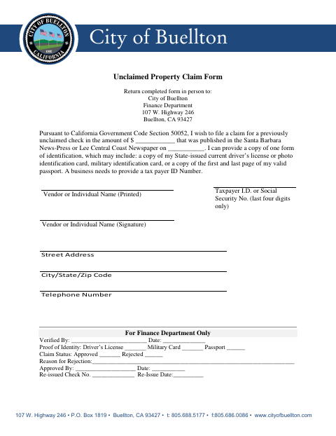 First page of the Unclaimed Property Claim Form