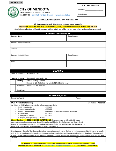 First page of the Contractor Registration Application